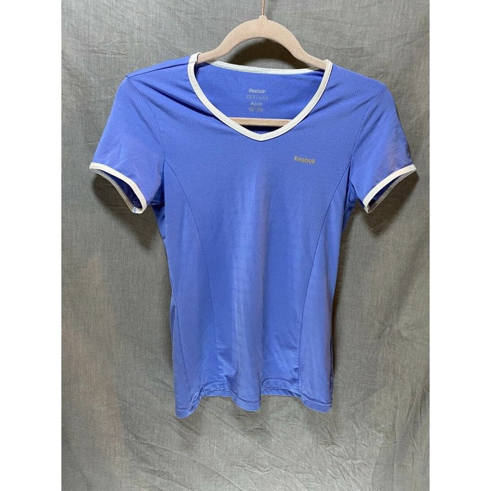 Reebok Shirt Women Small Purple White Trim Logo Spell Out Ladies.